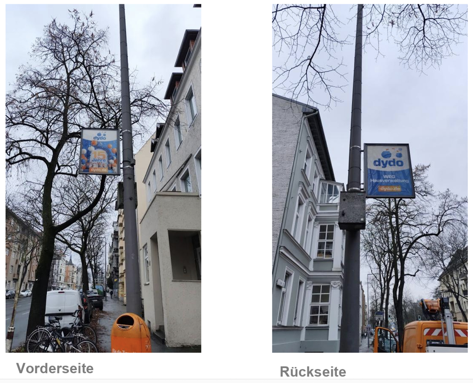 zwei Mastenschilder, vor und nach dem Motivwechsel