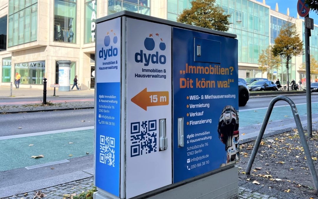 Werbung an Straßenlaternen & Stromkästen – Dydo Immobilien & Hausverwaltung zeigt, wie es geht